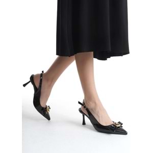 Feles Fiyonk Sarı Toka Detaylı Arkası Açık Stiletto Kadın Topuklu Ayakkabı