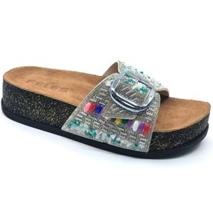 Feles Tek Toka Mantar Taban Taş Detaylı Kadın Terlik