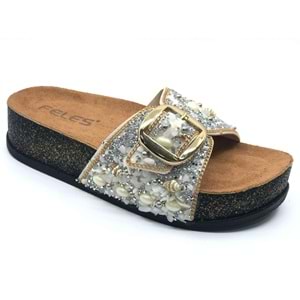 Feles Tek Toka Mantar Taban Taş Detaylı Kadın Terlik