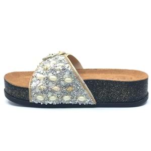 Feles Tek Toka Mantar Taban Taş Detaylı Kadın Terlik