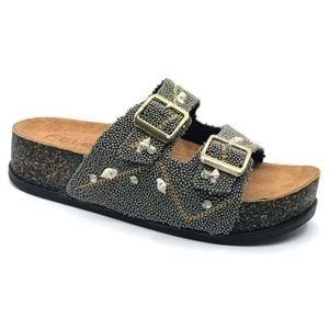 Feles Çift Toka Mantar Taban Taş Detaylı Kadın Terlik