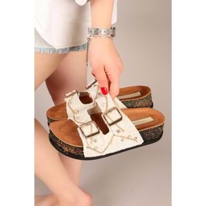 Feles Çift Toka Mantar Taban Taş Detaylı Kadın Terlik