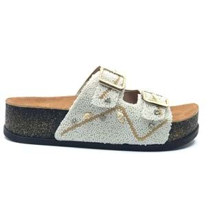 Feles Çift Toka Mantar Taban Taş Detaylı Kadın Terlik