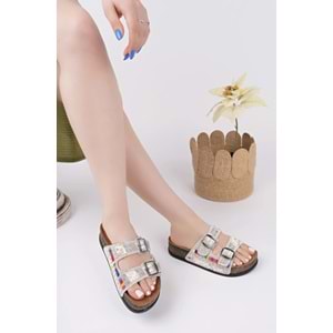 Feles Çift Toka Mantar Taban Taş Detaylı Kadın Terlik