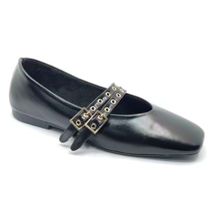 Feles Çift Kemer Detaylı Küt Burun Kadın Babet Ayakkabı