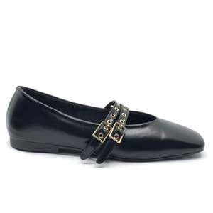 Feles Çift Kemer Detaylı Küt Burun Kadın Babet Ayakkabı