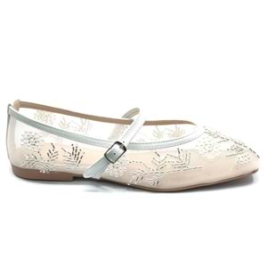 Feles Kemer Toka İnci Taş Detaylı Fileli Küt Burun Kadın Babet Ayakkabı