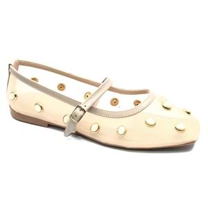 Feles Kemer Toka Taş Detaylı Fileli Kadın Babet Ayakkabı