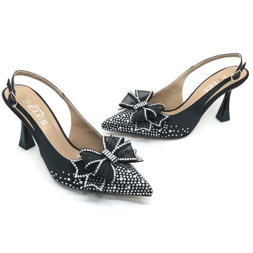 Feles Saten Kurdela Taş Detaylı Arkası Açık Stiletto Kadın Topuklu Ayakkabı