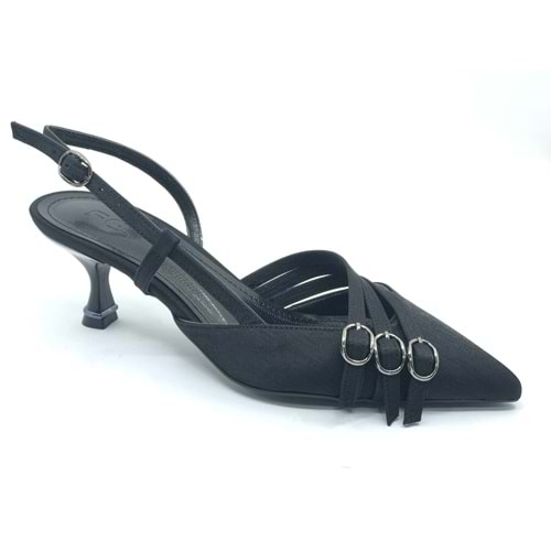 Feles Şeker Topuklu Üç Toka Detaylı Arkası Açık Stiletto Kadın Kısa Topuklu Ayakkabı
