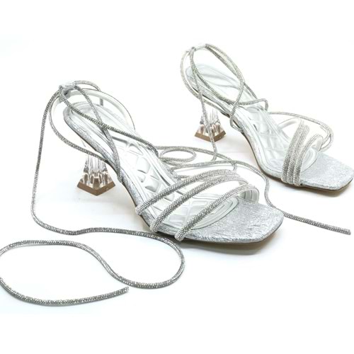 Ventes Bilekten Bağlamalı Şeffaf Topuklu Kadın Abiye Ayakkabı