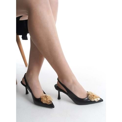 Feles Sarı Gül Detaylı Arkası Açık Stiletto Kadın Topuklu Ayakkabı