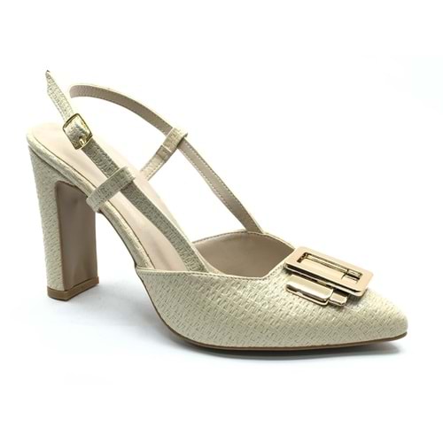 Feles Toka Detaylı Kalın Ökçe Arkası Açık Stiletto Kadın Topuklu Ayakkabı