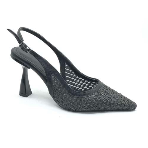 Feles Hasır Detaylı Arkası Açık Stiletto Kadın Topuklu Ayakkabı