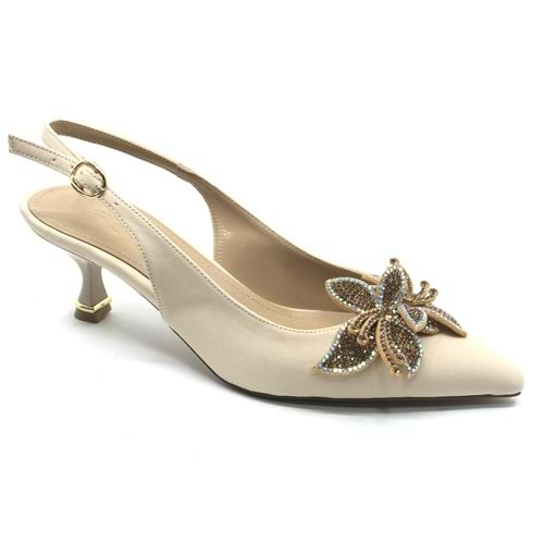 Feles Çiçek Taş Toka Detaylı Arkası Açık Stiletto Kadın Topuklu Ayakkabı