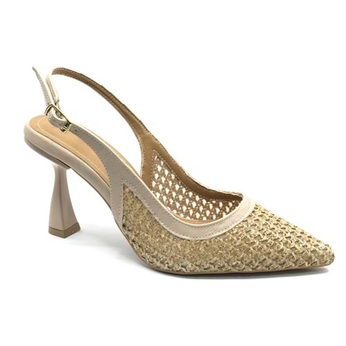 Feles Hasır Detaylı Arkası Açık Stiletto Kadın Topuklu Ayakkabı