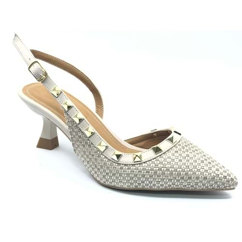 Feles Hasır Zımba Detaylı Arkası Açık Stiletto Kadın Topuklu Ayakkabı