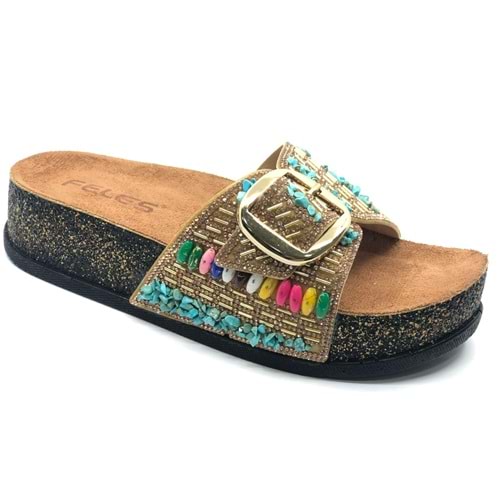 Feles Tek Toka Mantar Taban Taş Detaylı Kadın Terlik