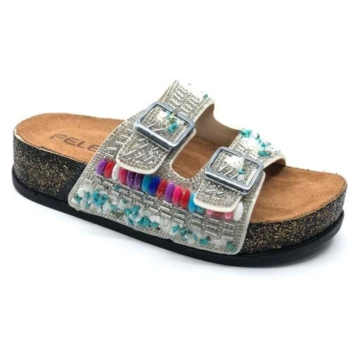 Feles Çift Toka Mantar Taban Taş Detaylı Kadın Terlik