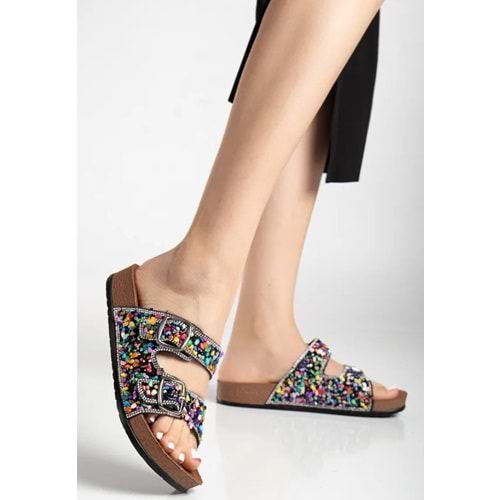 Feles Çift Toka Mantar Taban Taş Detaylı Kadın Terlik