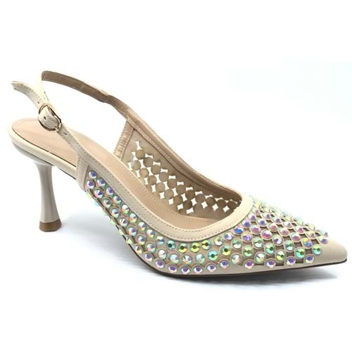 Feles Arkası Açık Zümrüt Taş Detaylı Stiletto Kadın Ayakkabı
