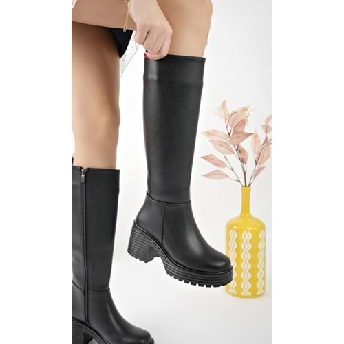 Seribo Kalın Topuk Streç Suni Deri Kadın Çizme