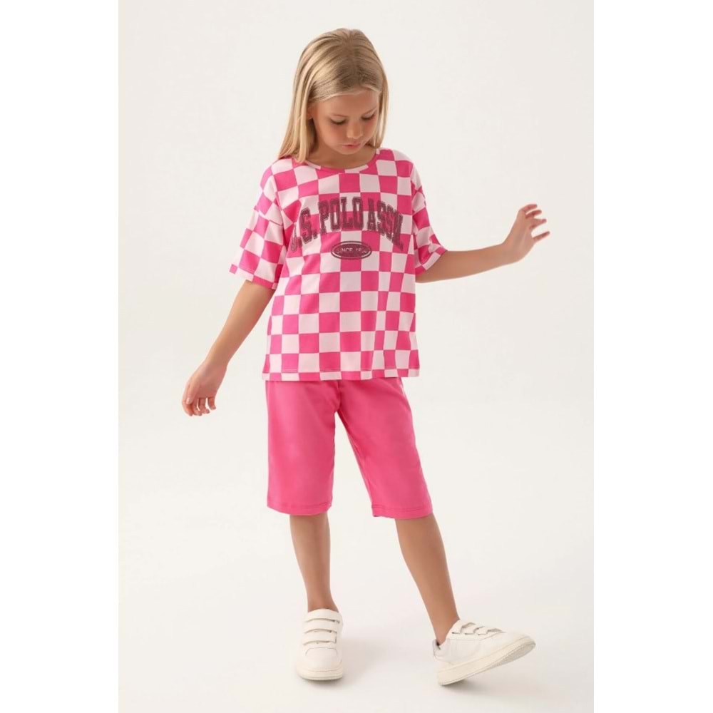 U.S. Polo Assn. Lisanslı US1811 Plaid T-Shirt ve Kapri Alt Üst Kız Çocuk Takımı