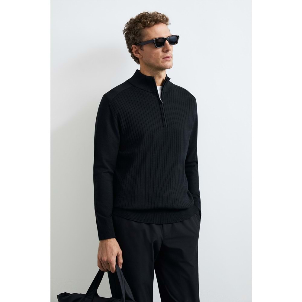 Lufian 112090189 Asher Fermuarlı Dik Yaka Triko Kazak Yarım Fermuarlı Erkek Sweatshirt
