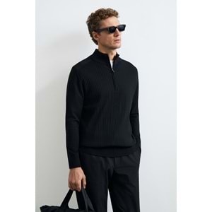 Lufian 112090189 Asher Fermuarlı Dik Yaka Triko Kazak Yarım Fermuarlı Erkek Sweatshirt
