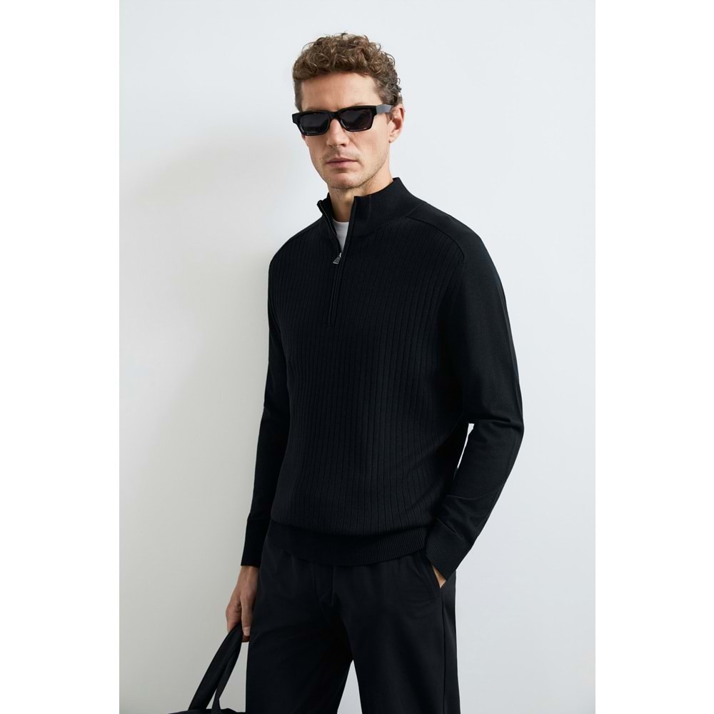 Lufian 112090189 Asher Fermuarlı Dik Yaka Triko Kazak Yarım Fermuarlı Erkek Sweatshirt