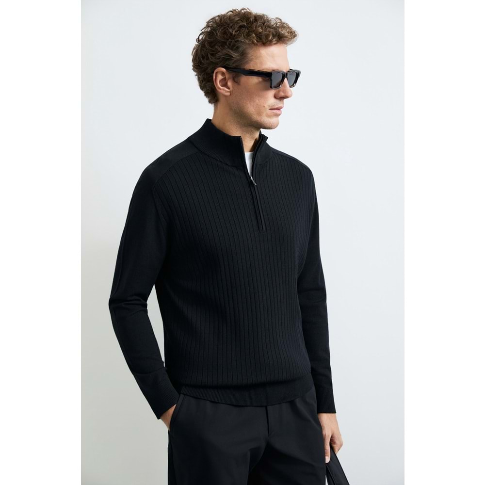 Lufian 112090189 Asher Fermuarlı Dik Yaka Triko Kazak Yarım Fermuarlı Erkek Sweatshirt
