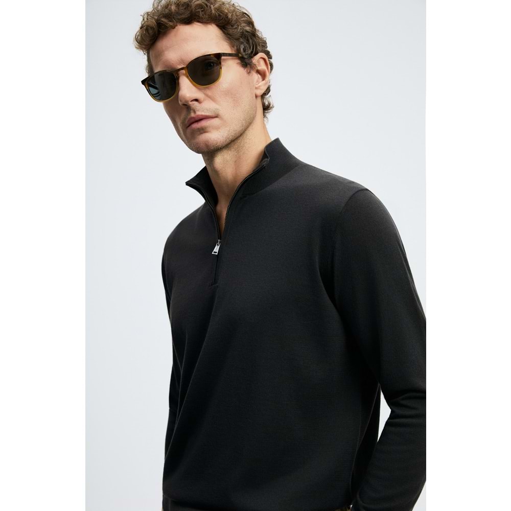 Lufian 112090201 Opulent Yün Karışımlı Fermuarlı Dik Yaka Triko Kazak Erkek Sweatshirt