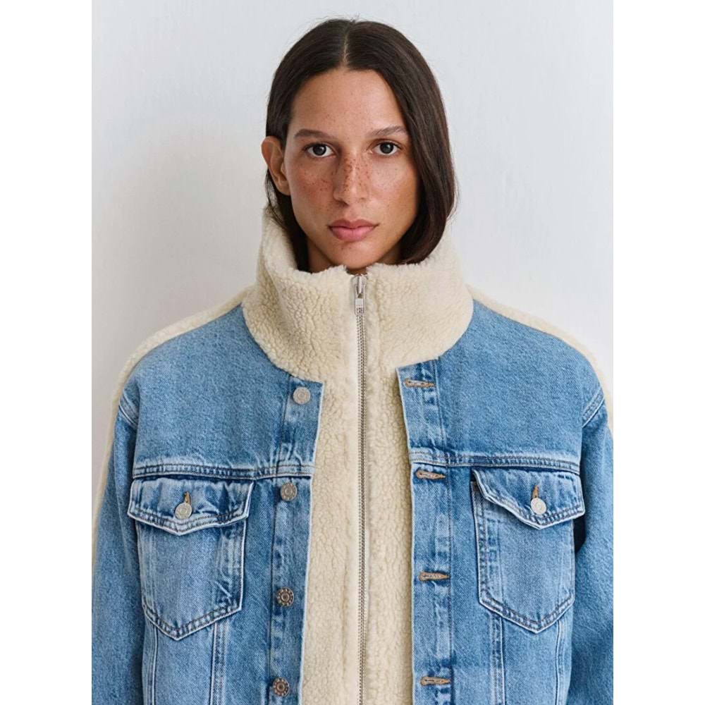 Mavi M1110278-88589 Rubina 90lar Suni Kürklü Jean Ceket Kadın Mont