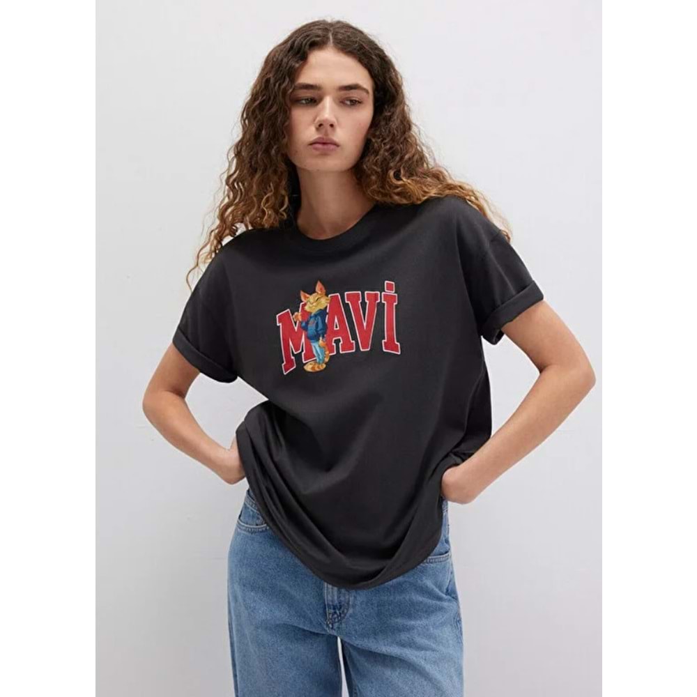 Mavi M1613285-70087 Kedi Logo Baskılı Loose Fit T-Shirt Kadın Tişört
