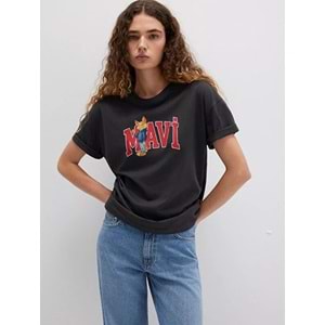 Mavi M1613285-70087 Kedi Logo Baskılı Loose Fit T-Shirt Kadın Tişört