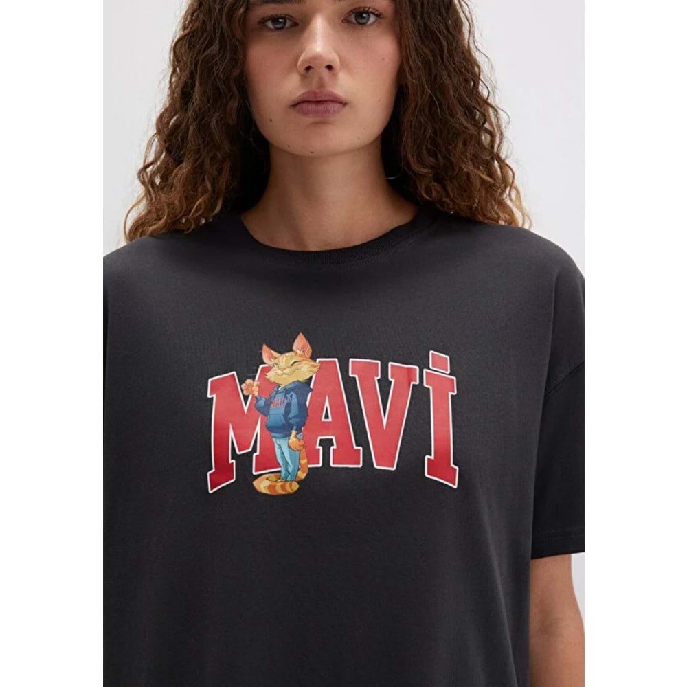 Mavi M1613285-70087 Kedi Logo Baskılı Loose Fit T-Shirt Kadın Tişört