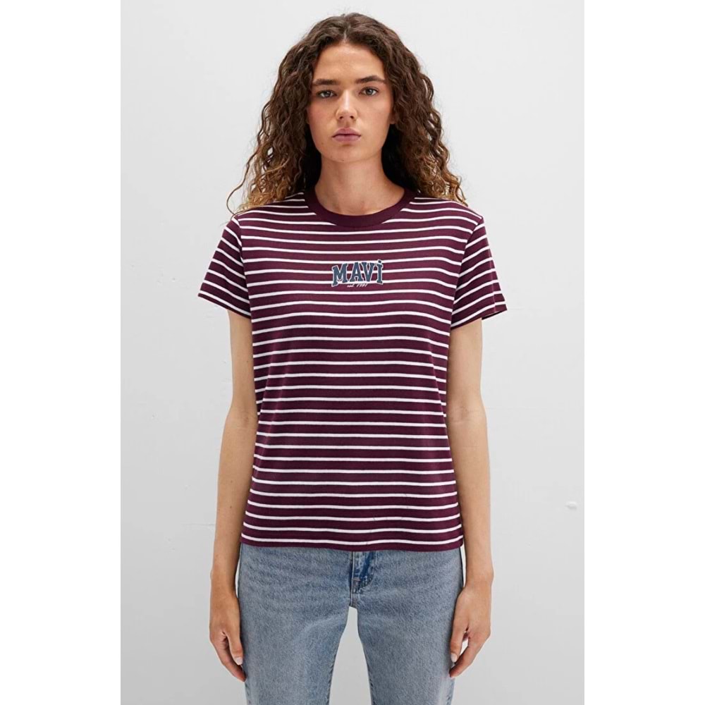 Mavi M16113562-87982 Logo Baskılı Çizgili T-Shirt Kadın Tişört