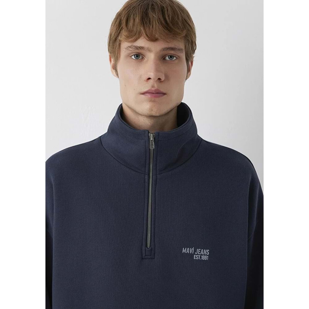 Mavi M0S10678-70490 Mavi Jeans Logo Baskılı Yarı Fermuarlı Erkek Sweatshirt