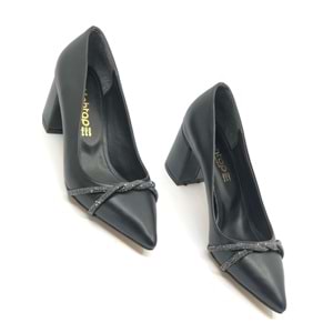 Mehtap Örgü Taş Dekolteli Kalın Topuk Kadın Topuklu Ayakkabı Sitiletto