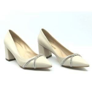 Mehtap Örgü Taş Dekolteli Kalın Topuk Kadın Topuklu Ayakkabı Sitiletto