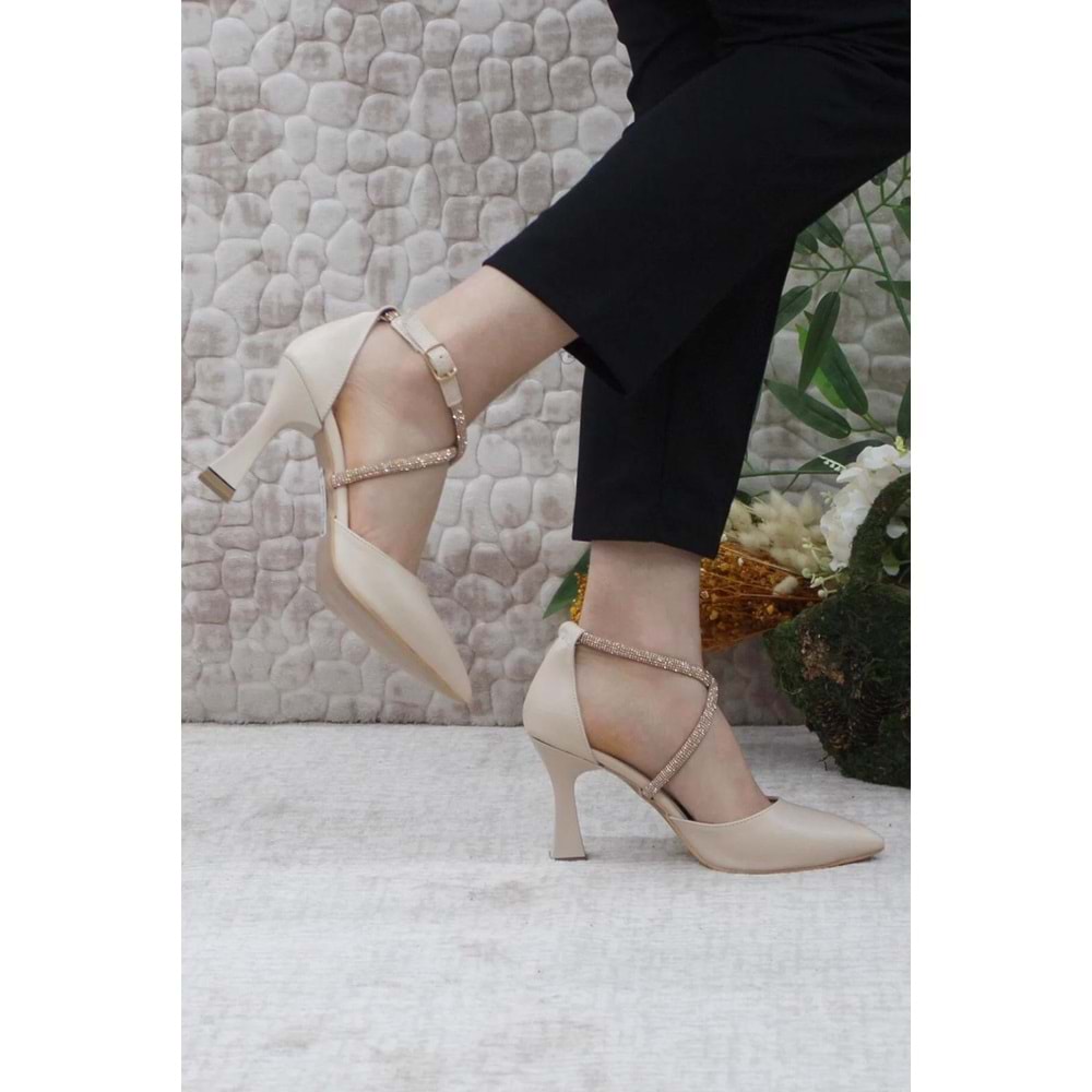 Feles 18-444 Çapraz Şerit Taşlı Abiye Kadın Topuklu Ayakkabı Stiletto