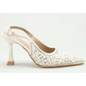 Feles Gelinlik Ayakkabısı Taş Detaylı Arkası Açık Stiletto Kadın Topuklu Ayakkabı