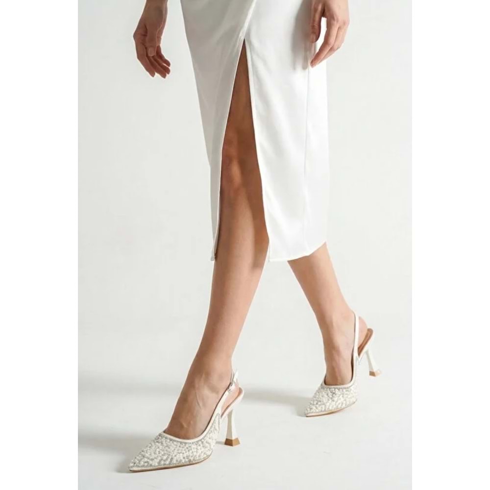 Feles Gelinlik Ayakkabısı Taş Detaylı Arkası Açık Stiletto Kadın Topuklu Ayakkabı