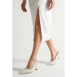 Feles Gelinlik Ayakkabısı Taş Detaylı Arkası Açık Stiletto Kadın Topuklu Ayakkabı