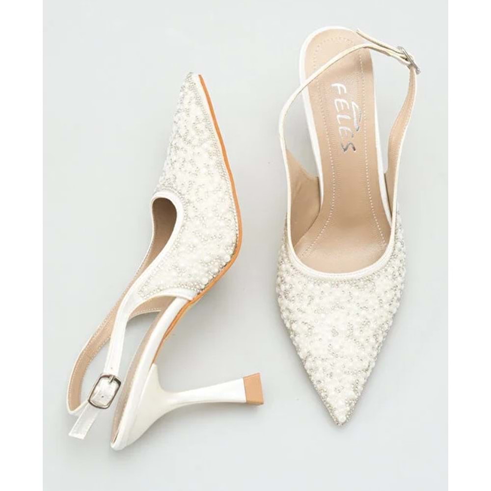 Feles Gelinlik Ayakkabısı Taş Detaylı Arkası Açık Stiletto Kadın Topuklu Ayakkabı