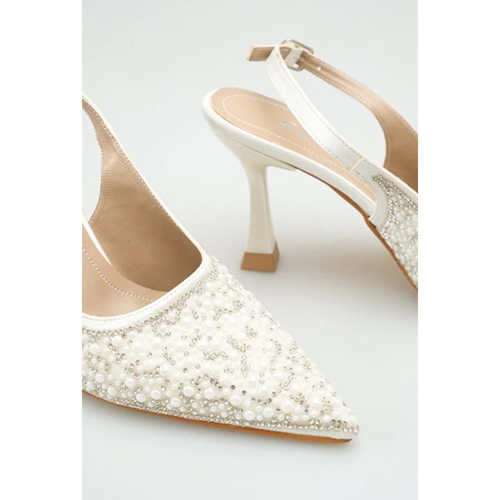 Feles Gelinlik Ayakkabısı Taş Detaylı Arkası Açık Stiletto Kadın Topuklu Ayakkabı