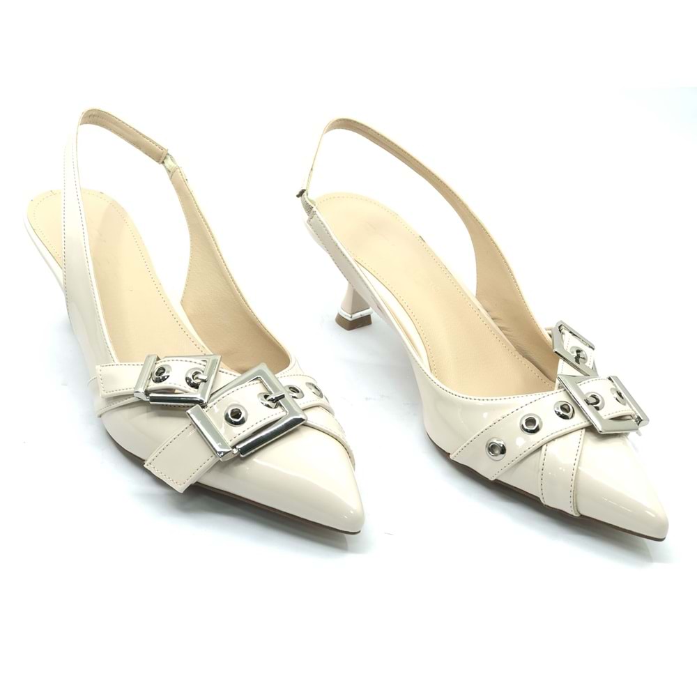 Feles Şeker Topuklu Çift Toka Detaylı Arkası Açık Stiletto Kadın Kısa Topuklu Ayakkabı