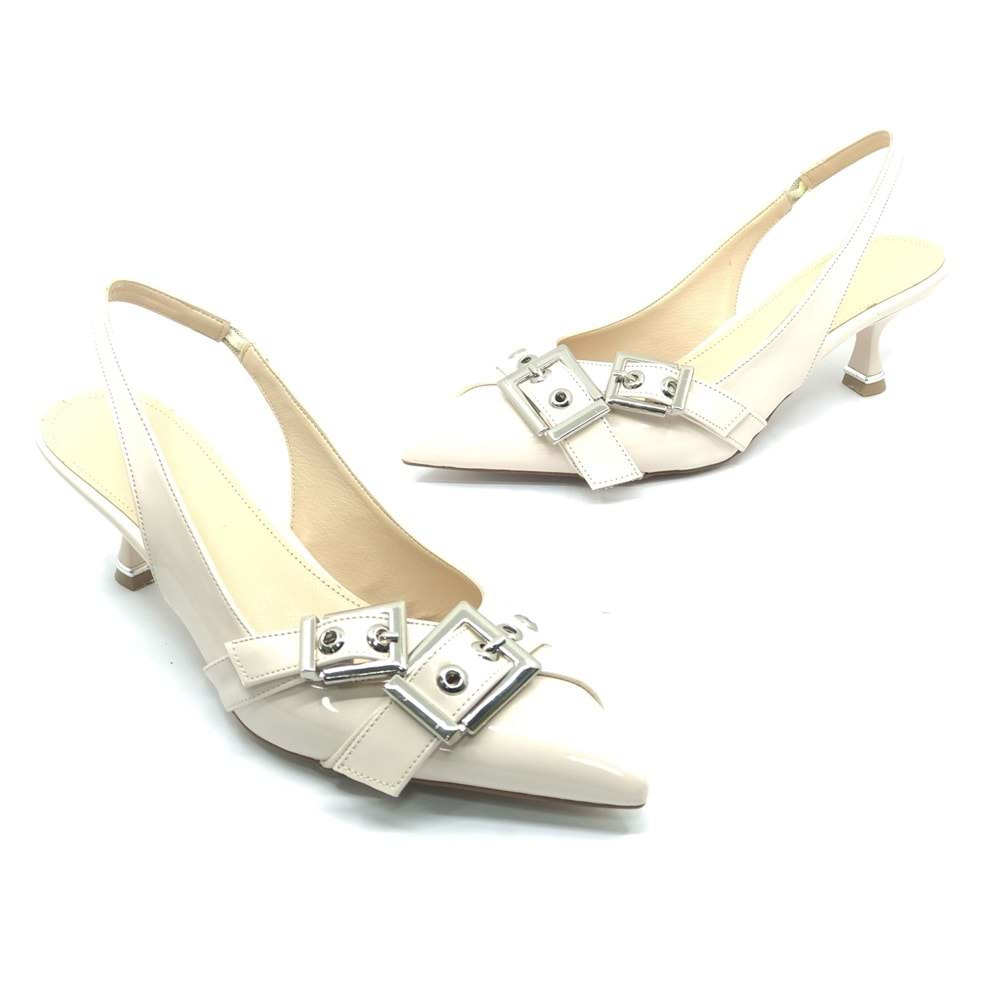 Feles Şeker Topuklu Çift Toka Detaylı Arkası Açık Stiletto Kadın Kısa Topuklu Ayakkabı