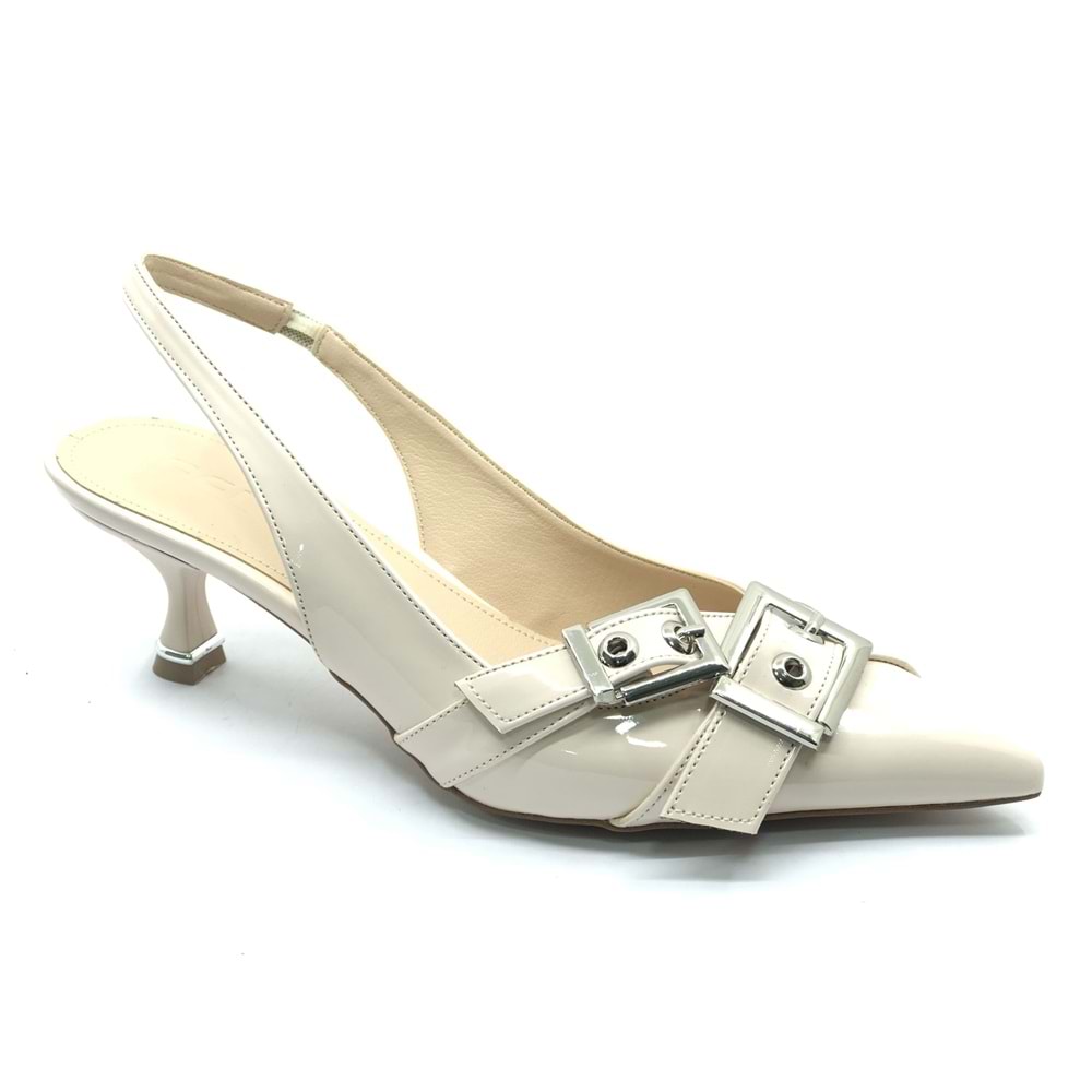 Feles Şeker Topuklu Çift Toka Detaylı Arkası Açık Stiletto Kadın Kısa Topuklu Ayakkabı