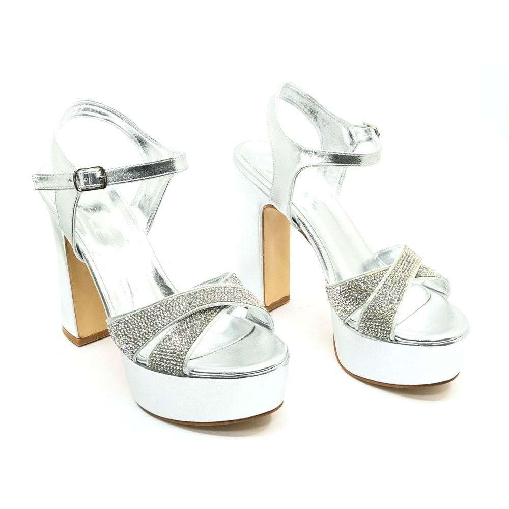 Feles 13 cm Yüksek Platform Çapraz Bant Topuklu Taşlı Kadın Abiye Ayakkabı